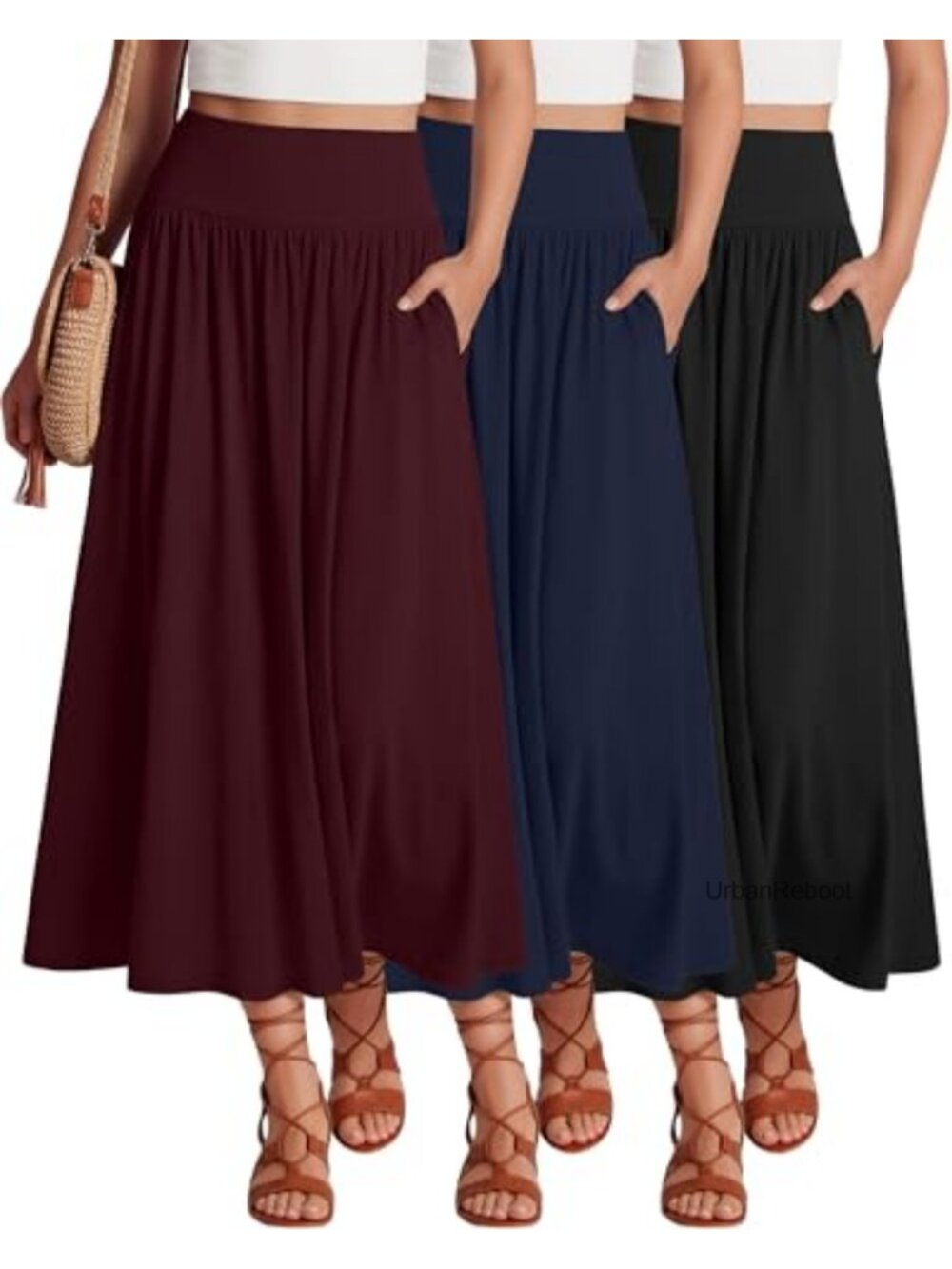 3 Pack Pleated A-Line Maxi Skirts for Women Side Pockets Lightweight